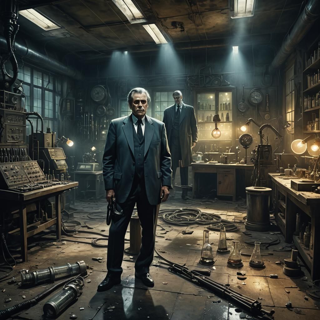 Surreal Businessperson in Abandoned Lab, Oil Painting Style
