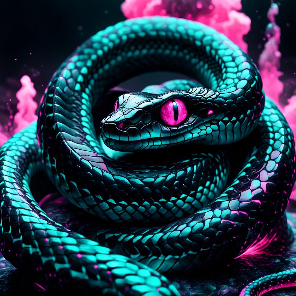 Mysterious Dark Snake on Marble Obelisk in Neon Fog
