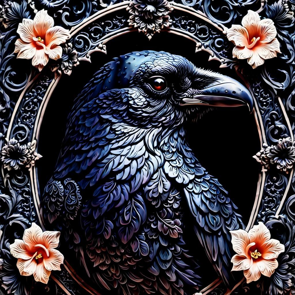 Gothic Raven Cameo with Cosmo and Gladiolus Flowers