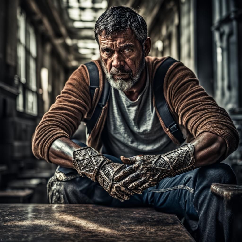 Hyperrealistic Image of Man with Broken Arm