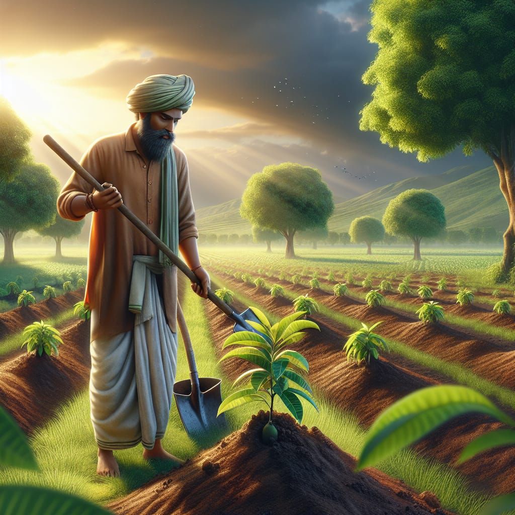 Middle-Eastern Farmer Planting Mango Saplings as Matte Paint...