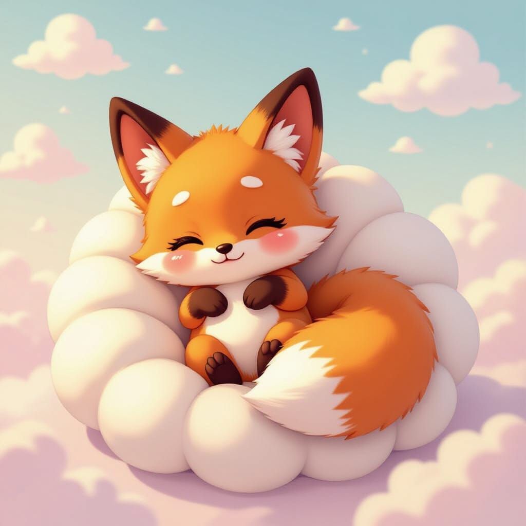 Sleepy Chibi Fox on a Cloud in Anime Style