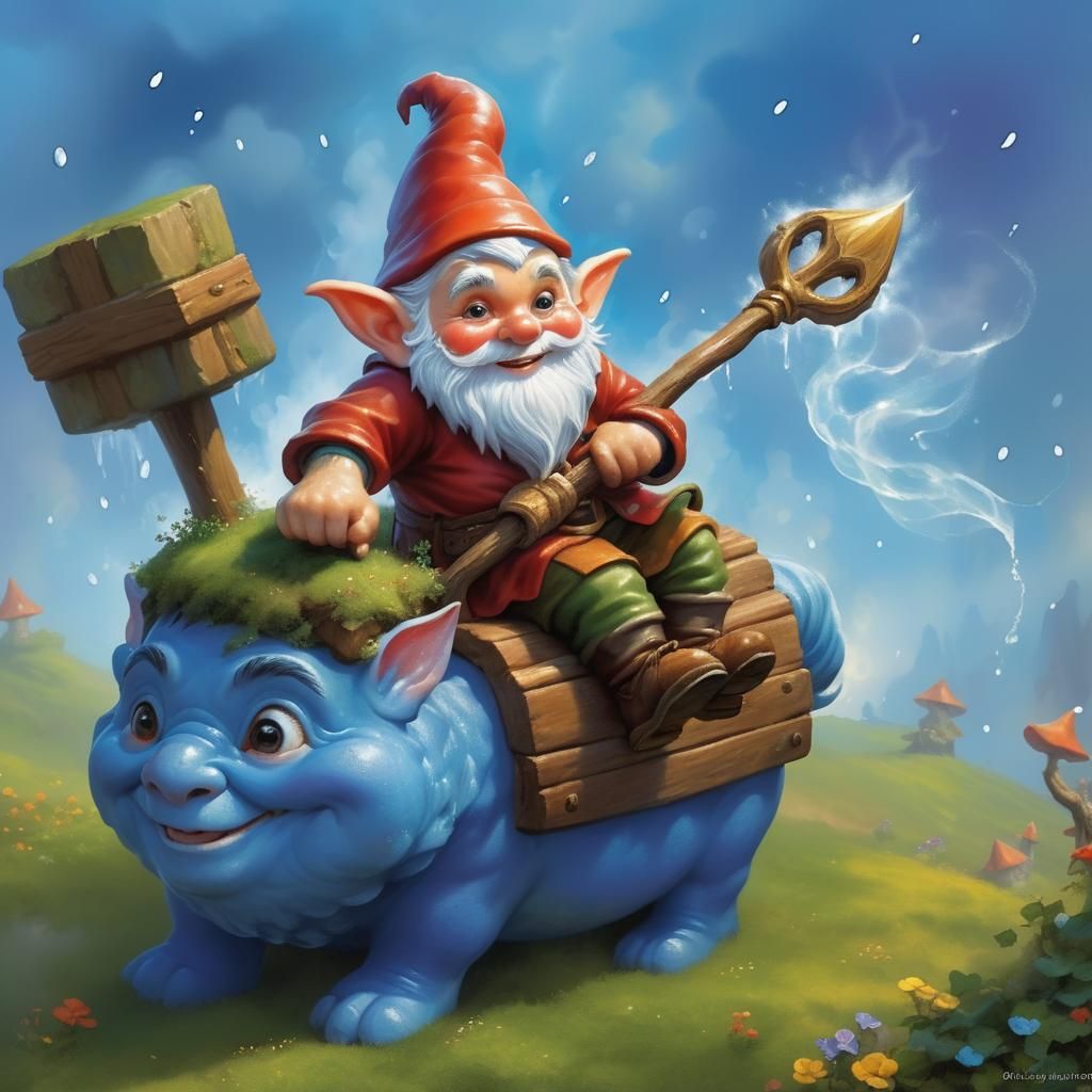 Gnome Rides Mezzoe in Ethereal Kinkade Style
