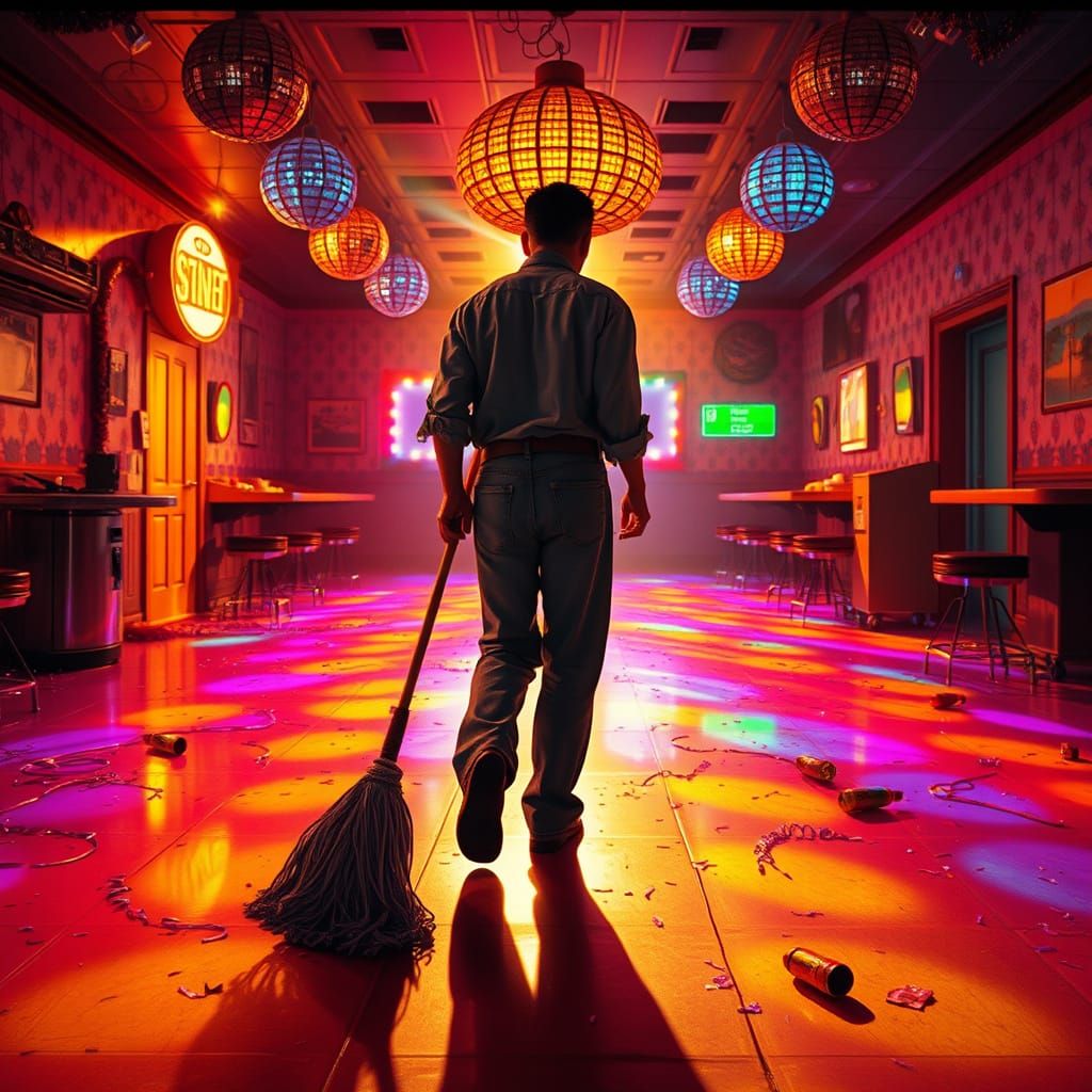 Glowing Disco Floor, Forgotten Mop, and a Janitor's Trudge i...