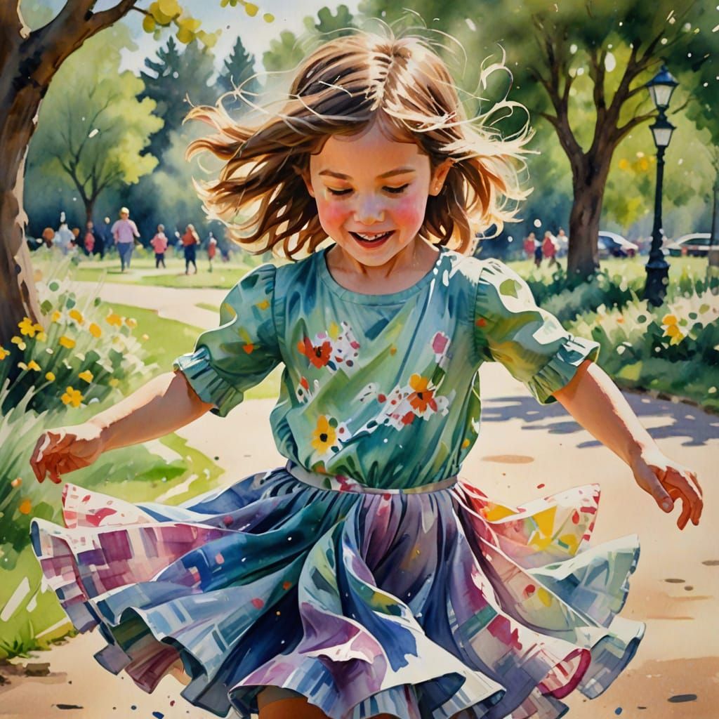 Child Dancing on Windy Day in Watercolor Style