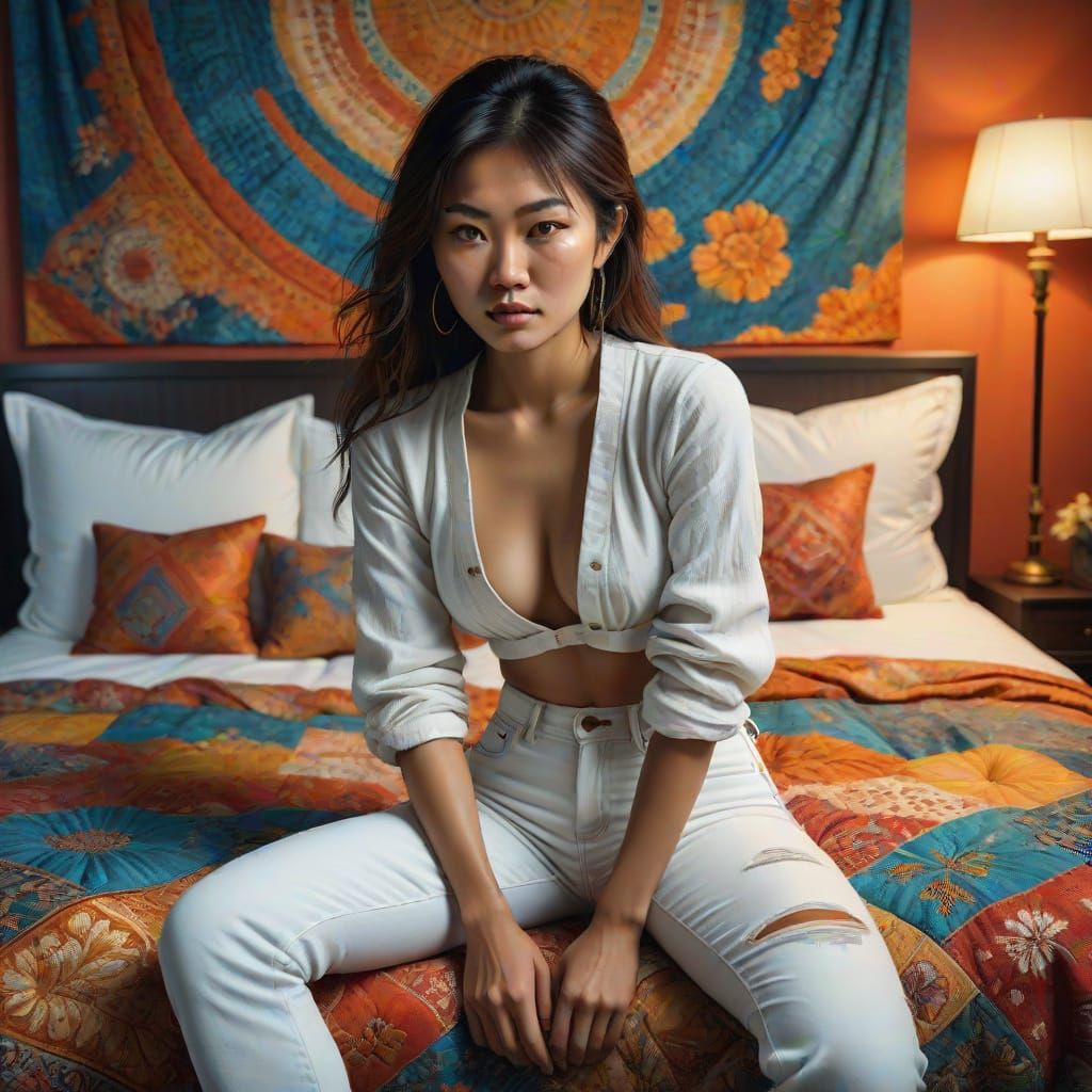 Vibrant Oil Painting of Woman Posing on Bed