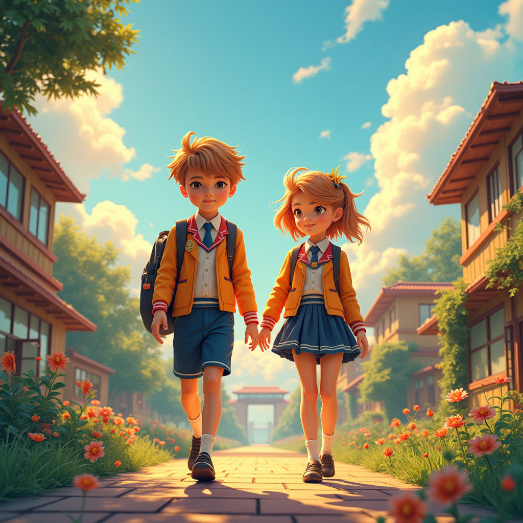 Fantasy School Scene in Golden Hour Light