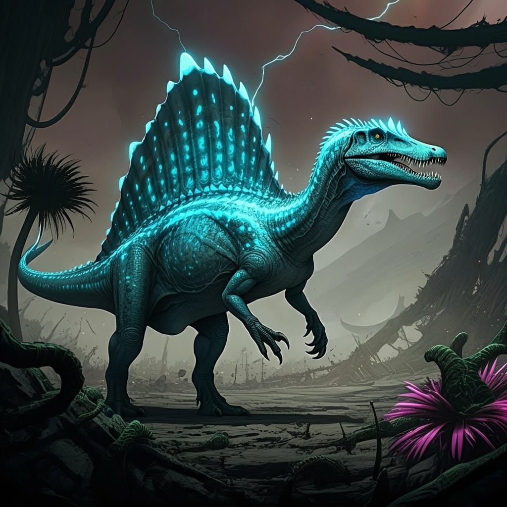 Bioluminescent Spinosaurus in Alien Wasteland Comic Art