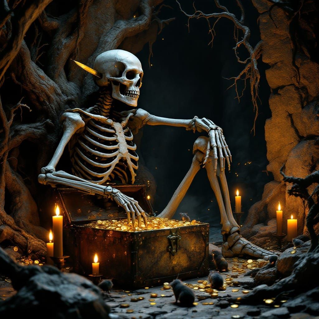 Ominous Skeleton in Cave with Gold, Beksiński Style