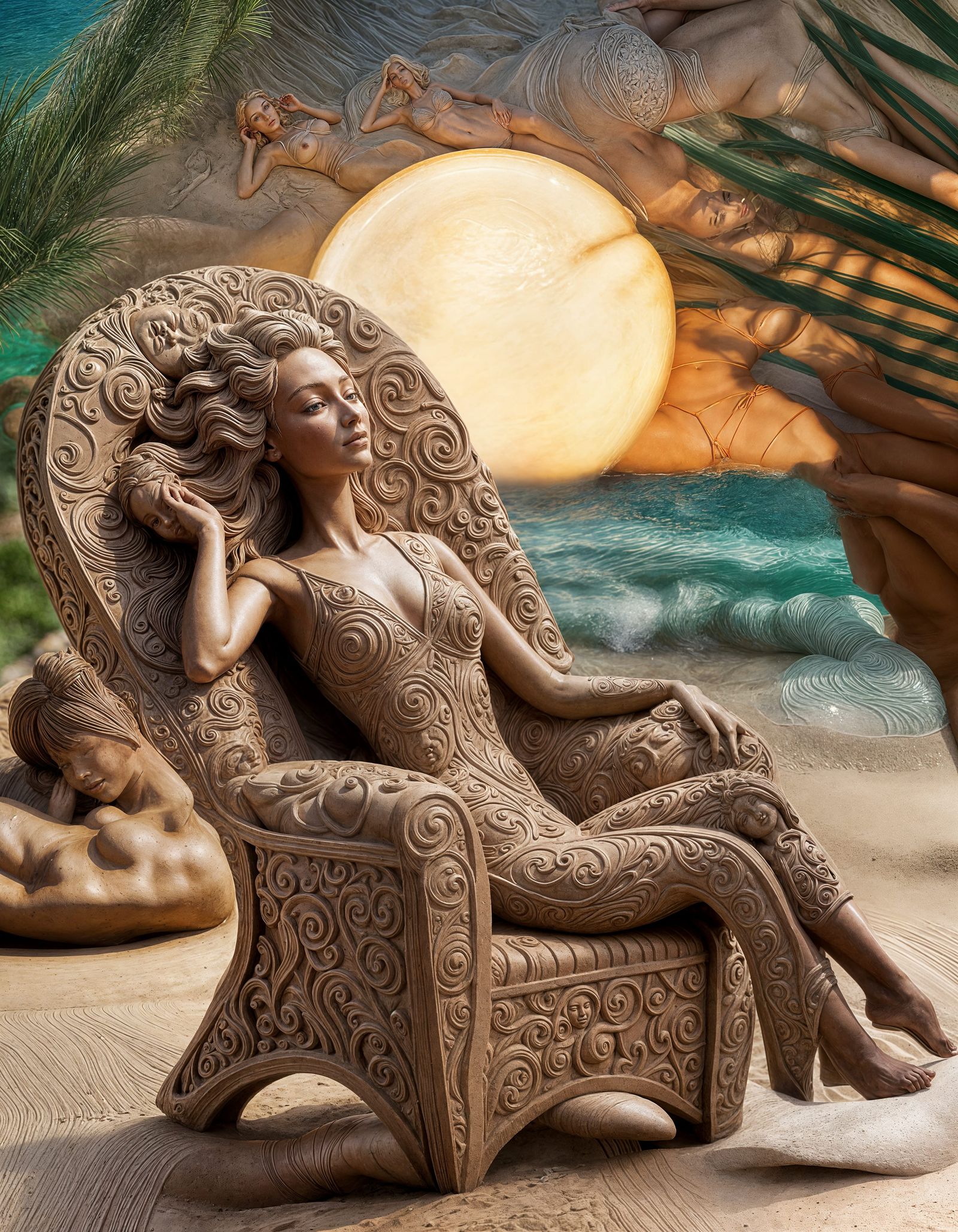 Elegant Terracotta Goddess in Whimsical Clay Beach Scene