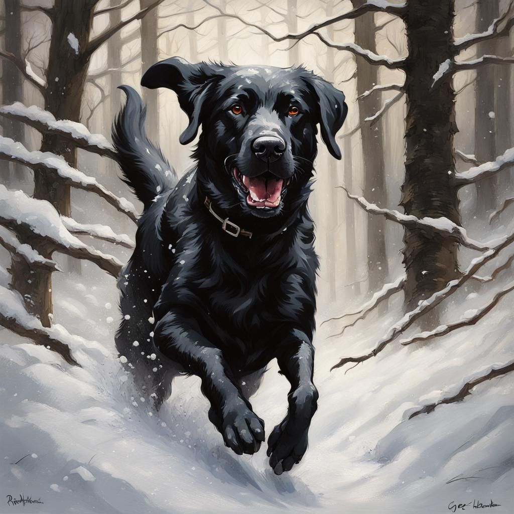 Black Lab Running Through Snowy Woods: Sinister Fantasy Art