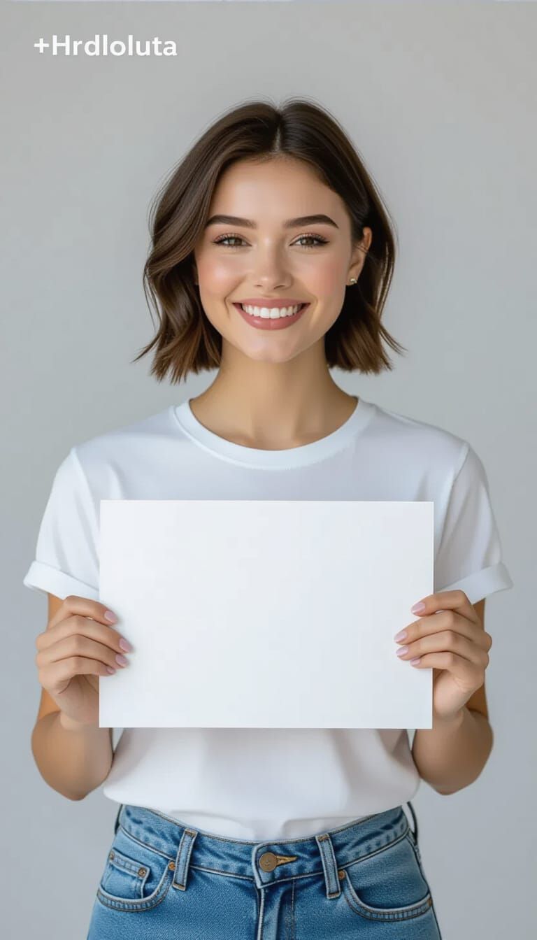 Studio Portrait of Young Woman Holding Blank Sign