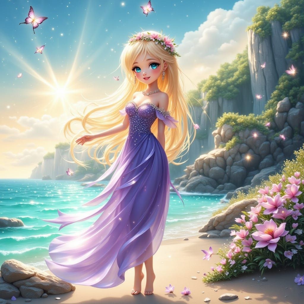 Anime Girl on Shoreline with Glittering Details