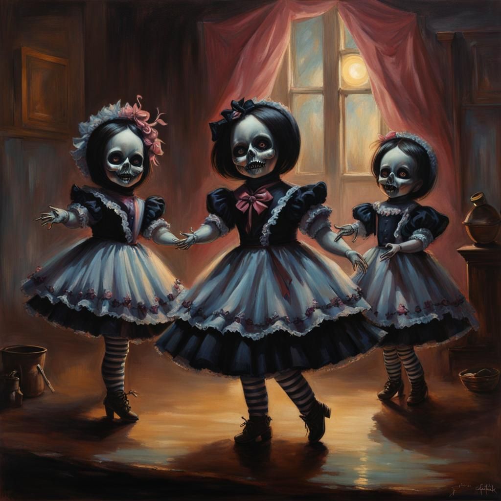 Creepy Dolls Dancing: Pastel Goth Digital Art