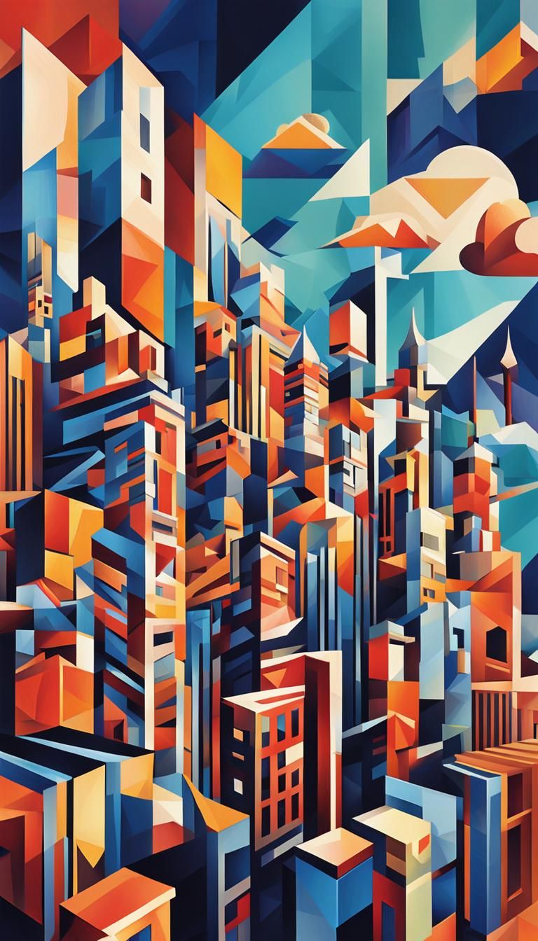 Cubist Skyline: Geometric Buildings Reach Cloud Heights