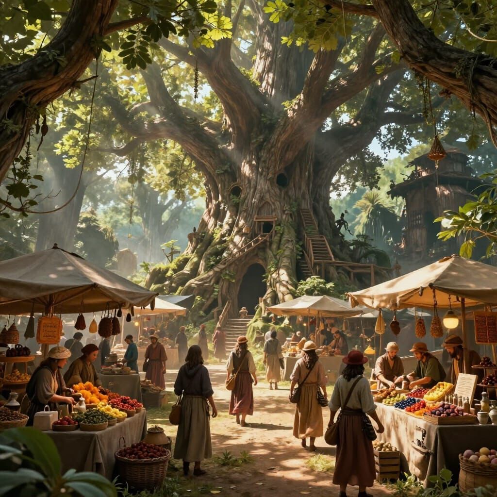 Ancient Fantasy Tree Marketplace with Exotic Goods