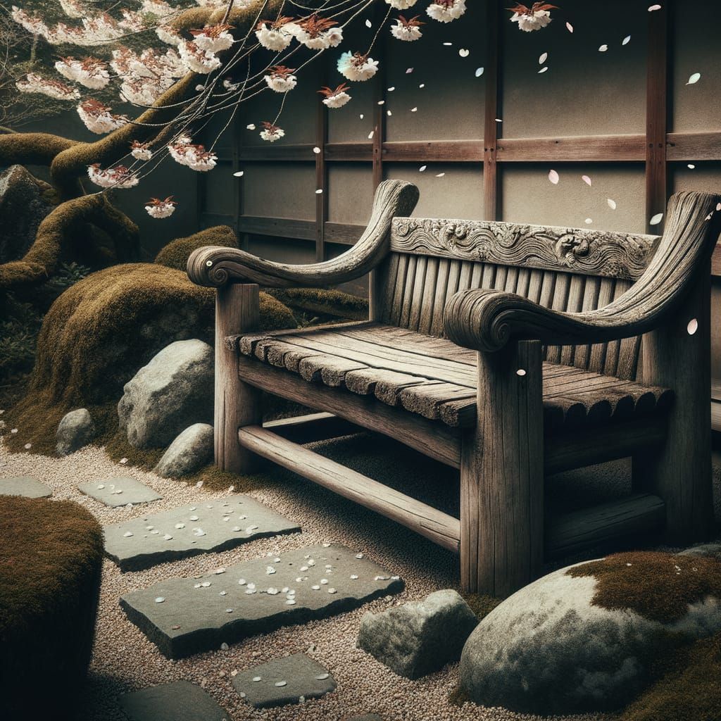 Tranquil Wabi Sabi Scene with Aged Wooden Bench and Cherry B...