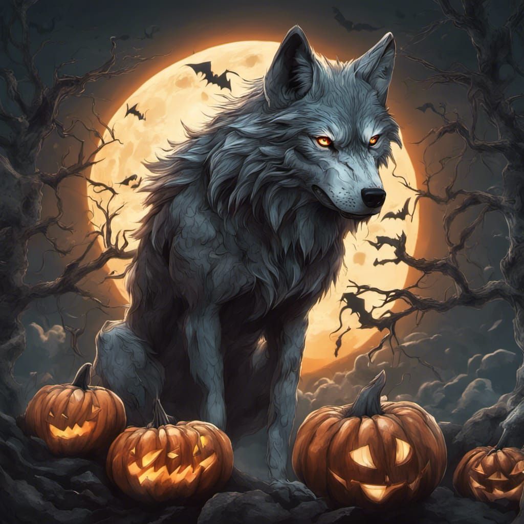 Hyperrealistic Halloween Anime Wolf Illustration
