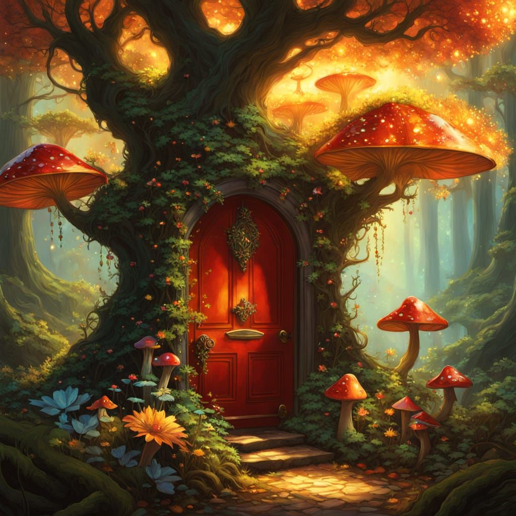 Enchanted Door in Autumnal Forest, Fantasy Art