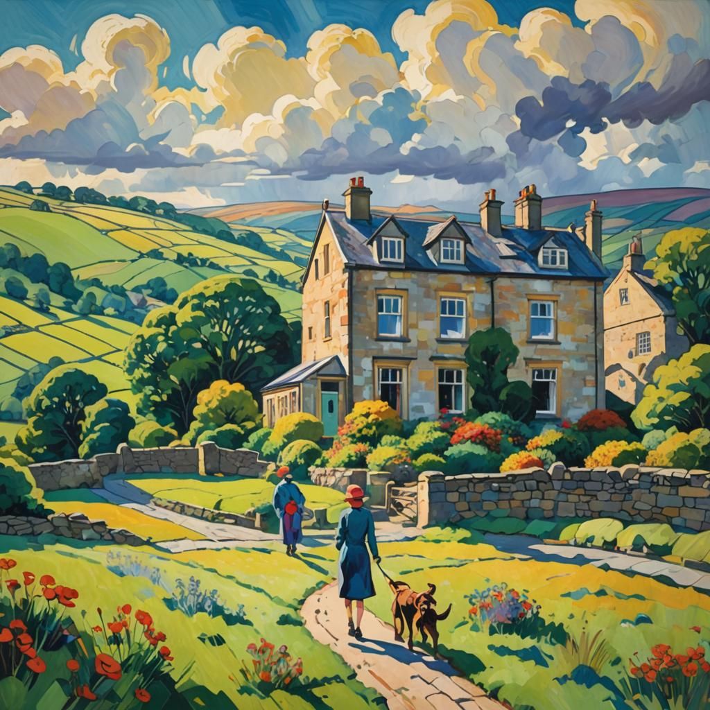 Fauvist Yorkshire Dales Scene with Woman and Dog