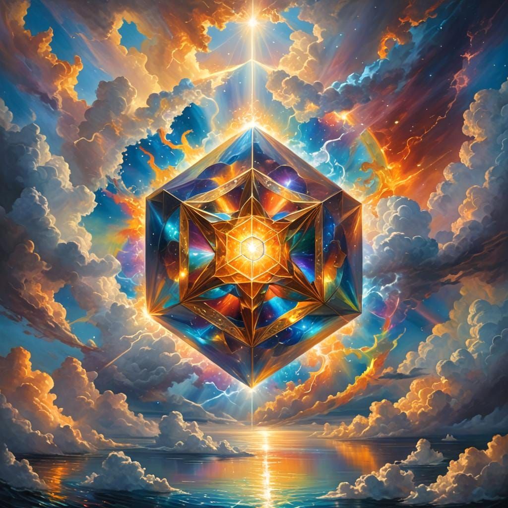 Interdimensional Cube Lounging in Divine Sky: Digital Render