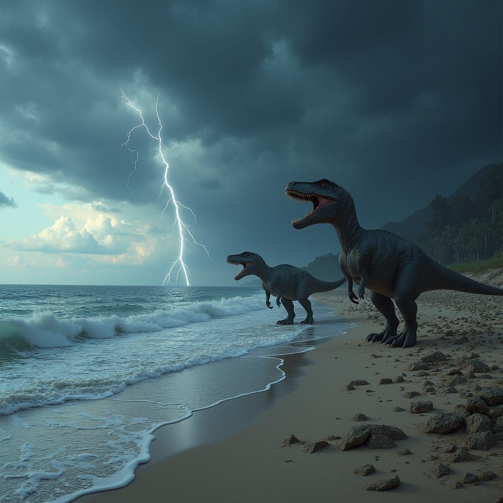Dinosaurs on Shore Await Storm in Detailed Matte Painting