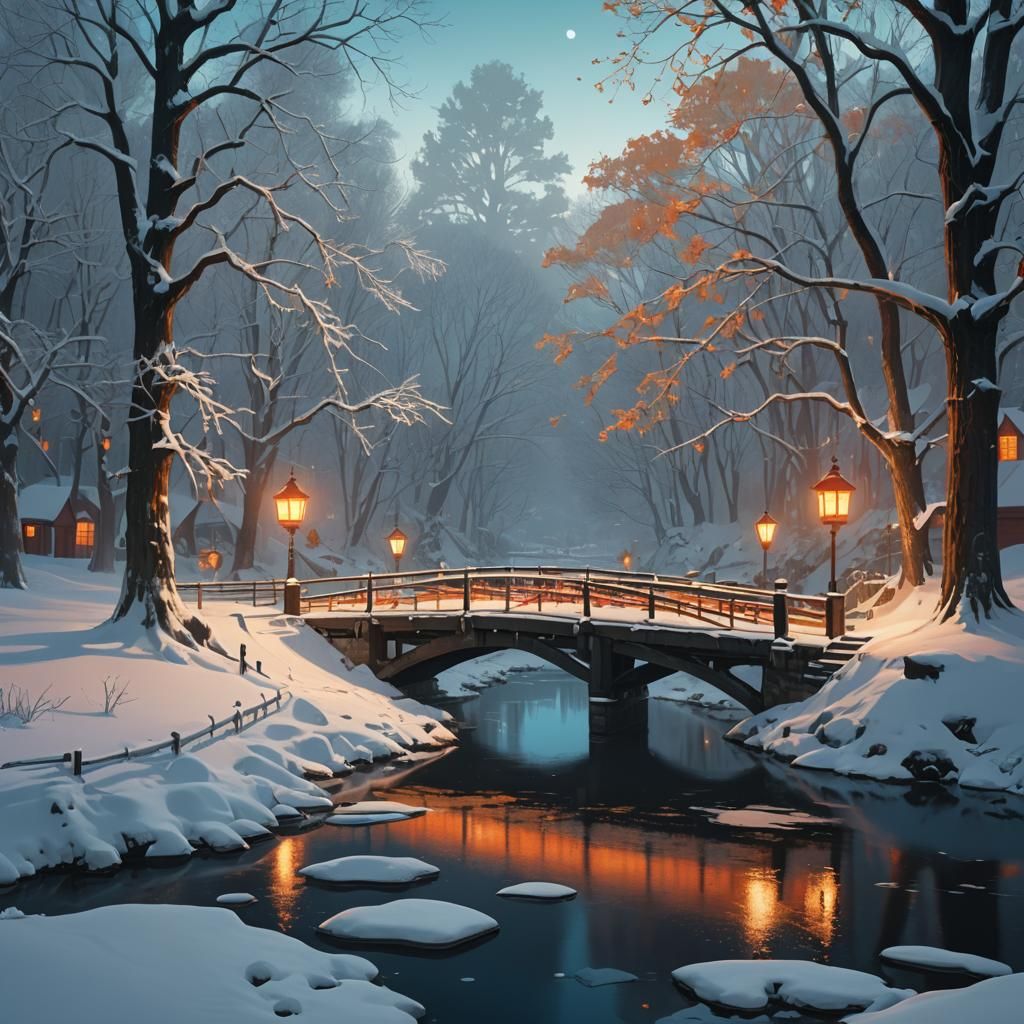 Snowy Bridge with Lanterns, Basquiat-esque Expressionism