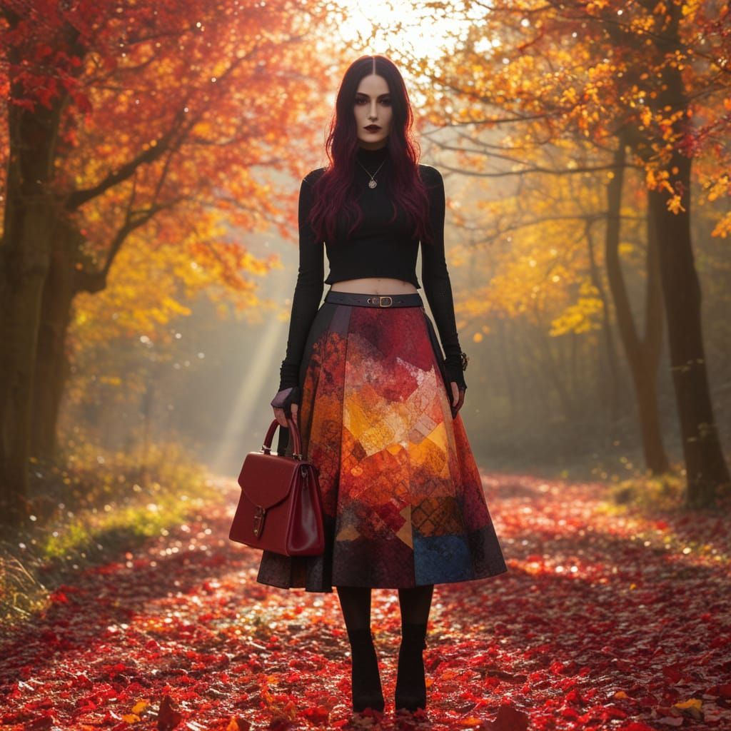 Goth Woman in Autumn Landscape with Colorful Powder Art