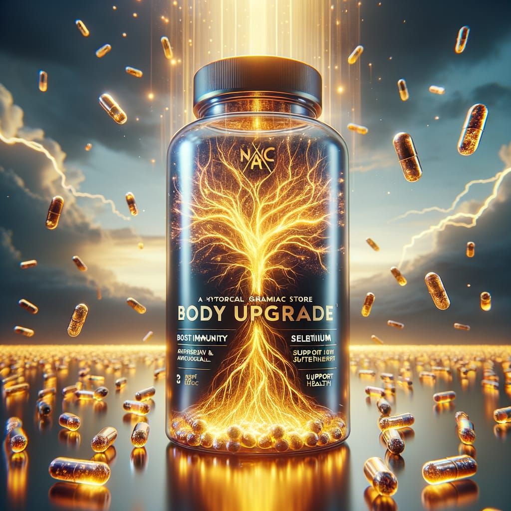 Futuristic Supplement Bottle with Golden Neural Tree