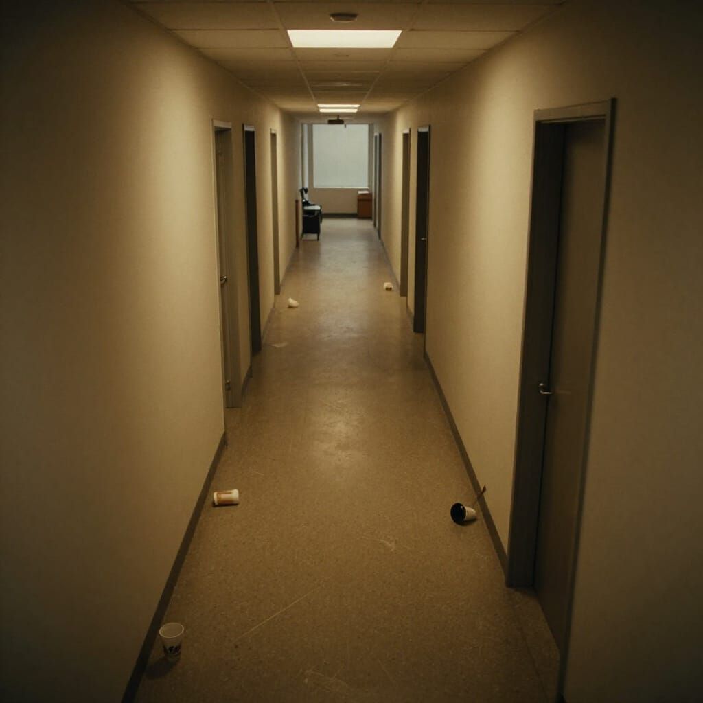 Dimly Lit Office Hallway Overhead View in Realistic Style