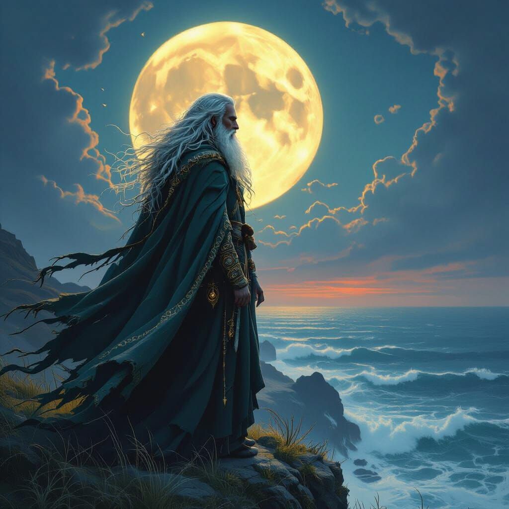 Celtic Druid Overlooking Turbulent Sea, in Art Nouveau Style