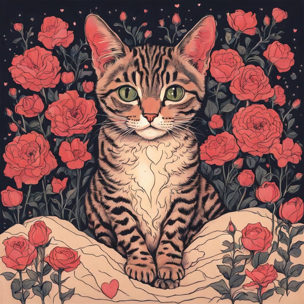 Cat Surrounded by Flowers and Heart Lights