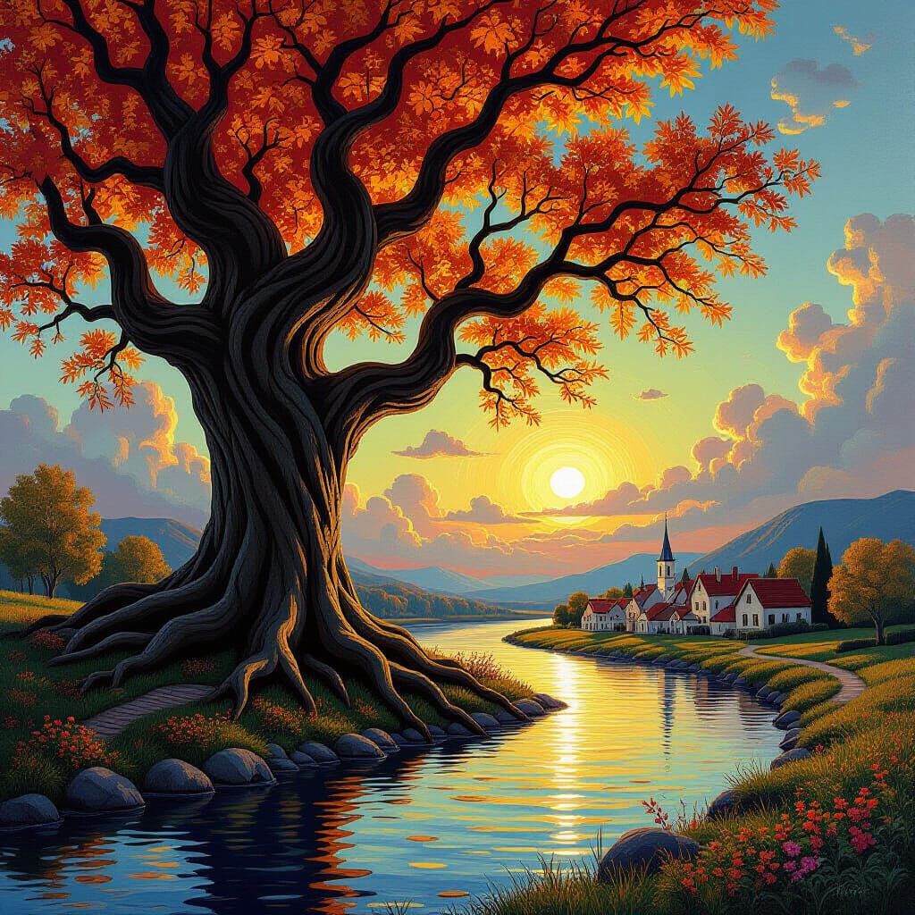 Ancient Tree with Serpentine Roots and Golden River