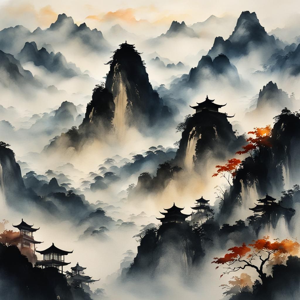 Misty Mountains: Chinese Ink Painting with Rice Paper Textur...