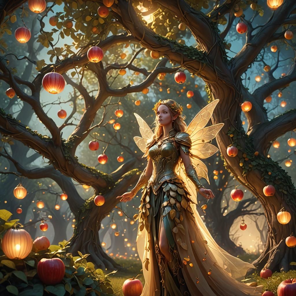 Fairy in Magical Apple Orchard with Glowing Lanterns