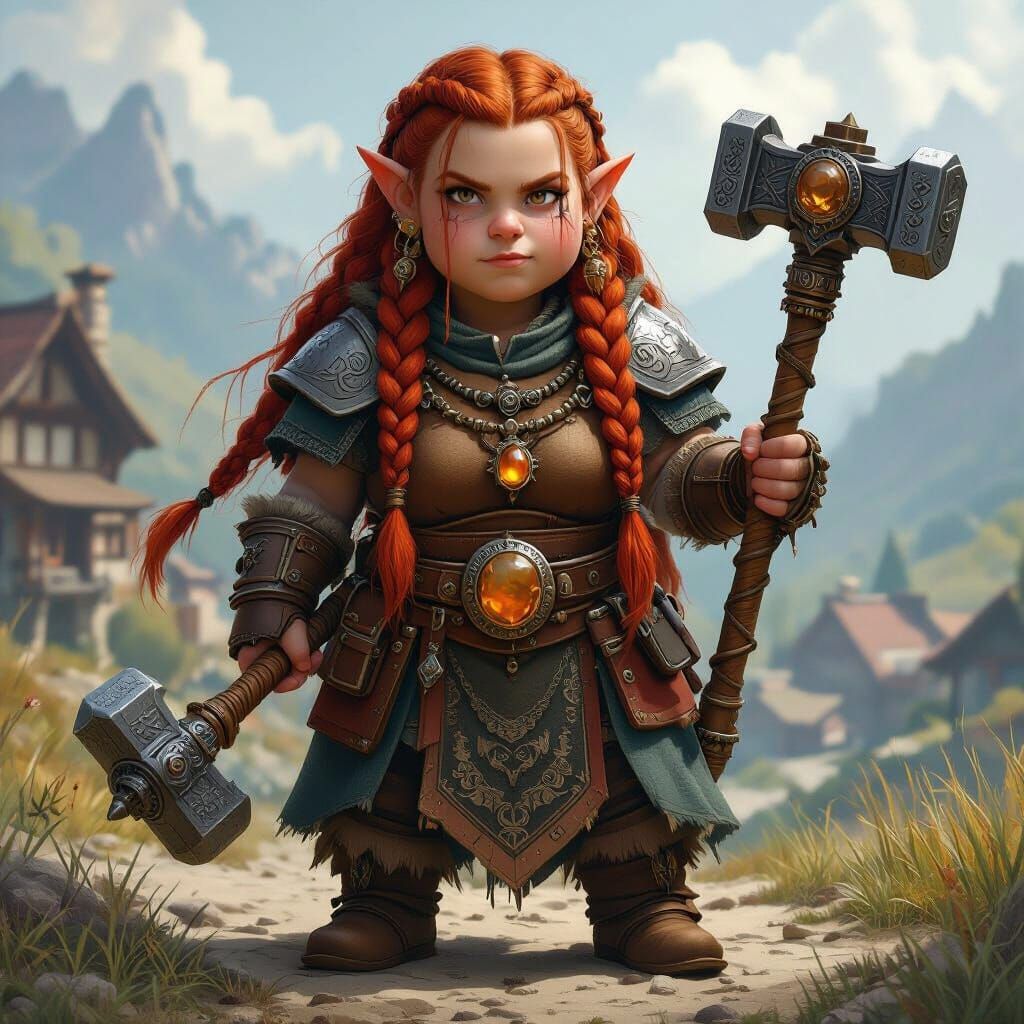 Dwarf Cleric with Red Braided Hair and Hammer