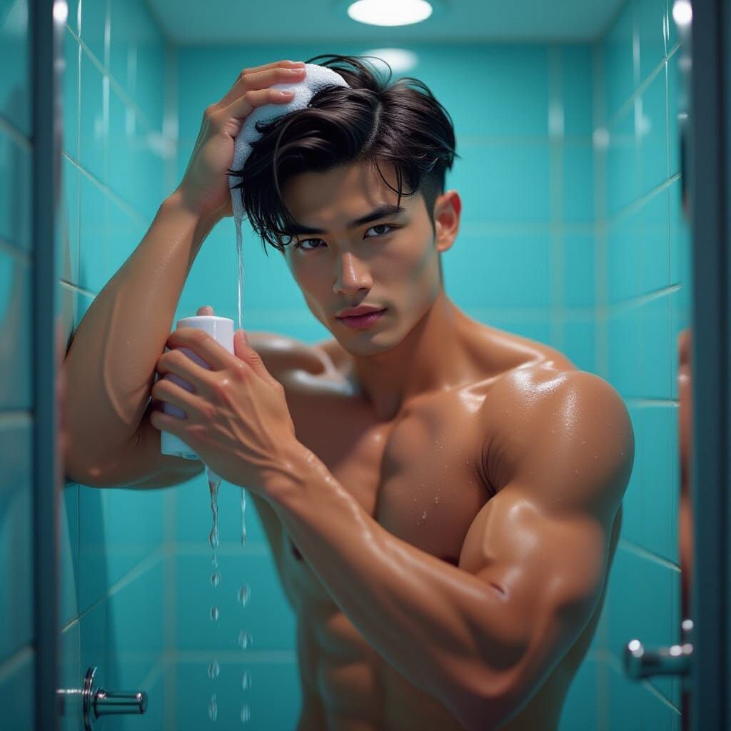 Handsome Thai Man Applying Shampoo: Hyperrealistic Digital A...