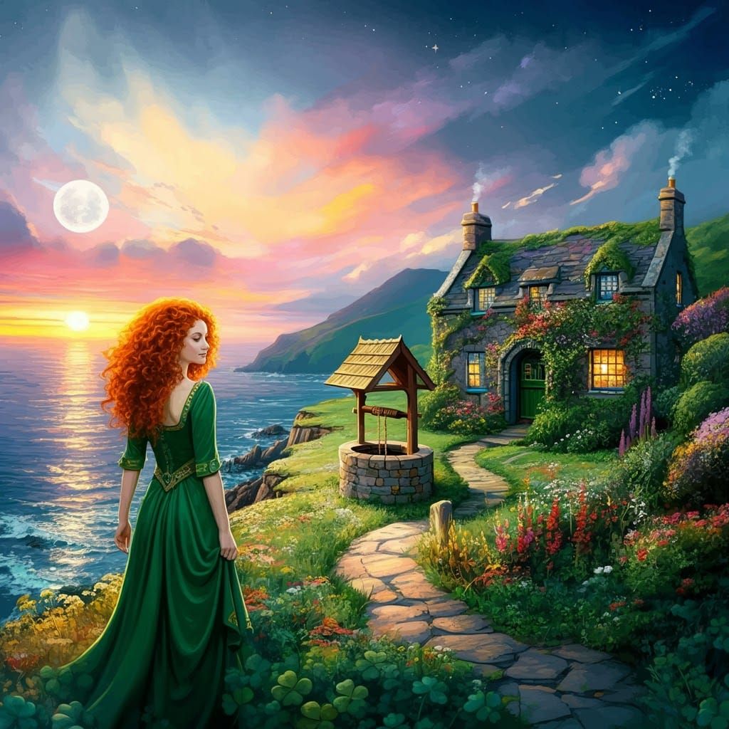 Irish Princess on Windswept Cliffs at Sunrise