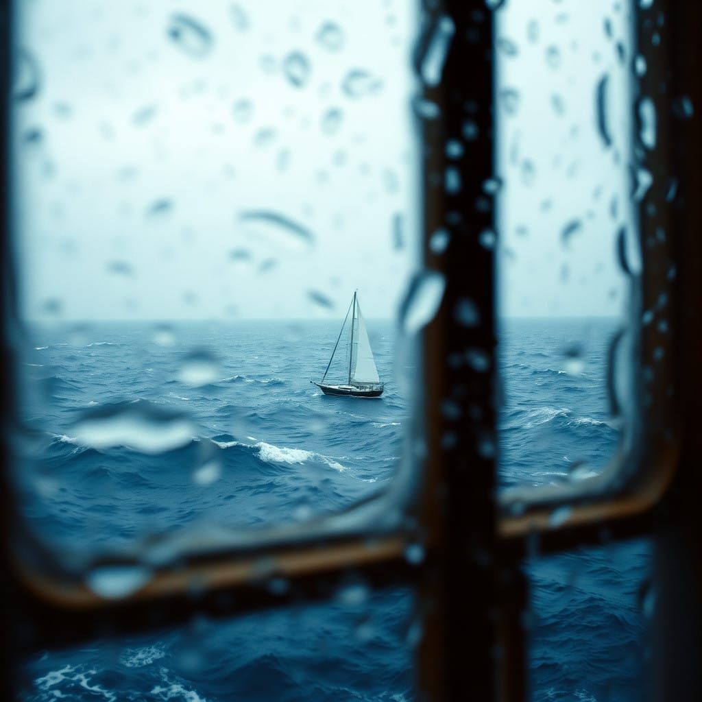 Stormy Ocean Scene with Sailboat Through Rain-Soaked Window