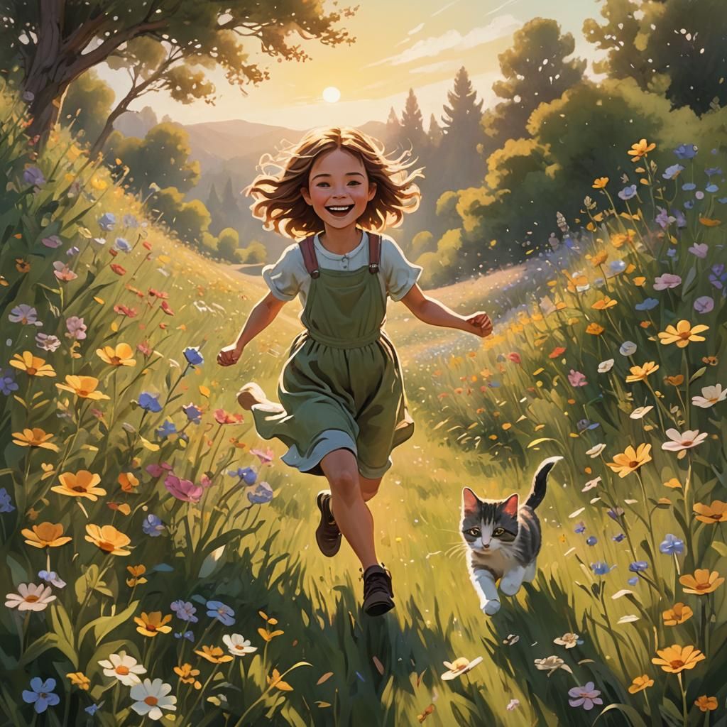 Girl and Kitten in Wildflower Meadow, Storybook Style