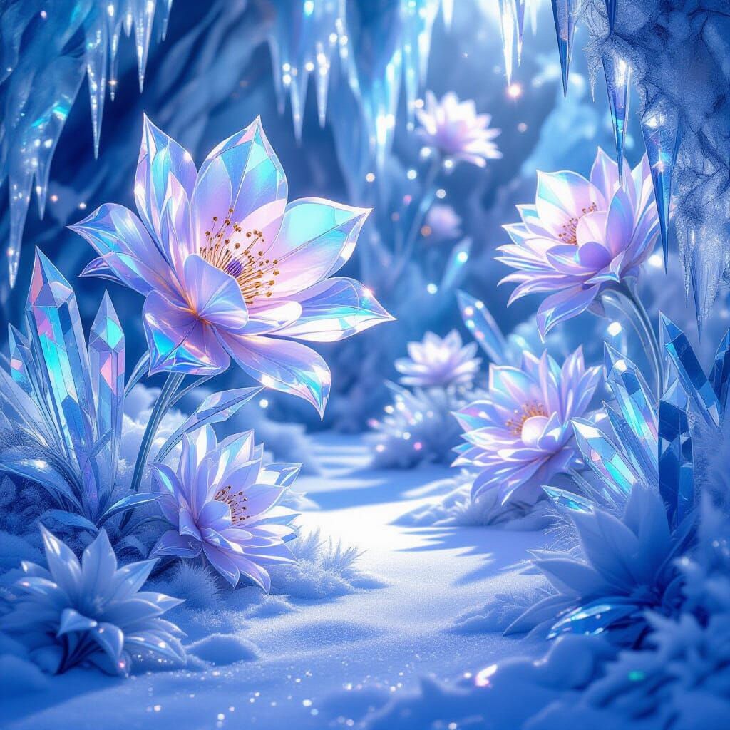 Crystal Ice Garden with Luminous Flowers