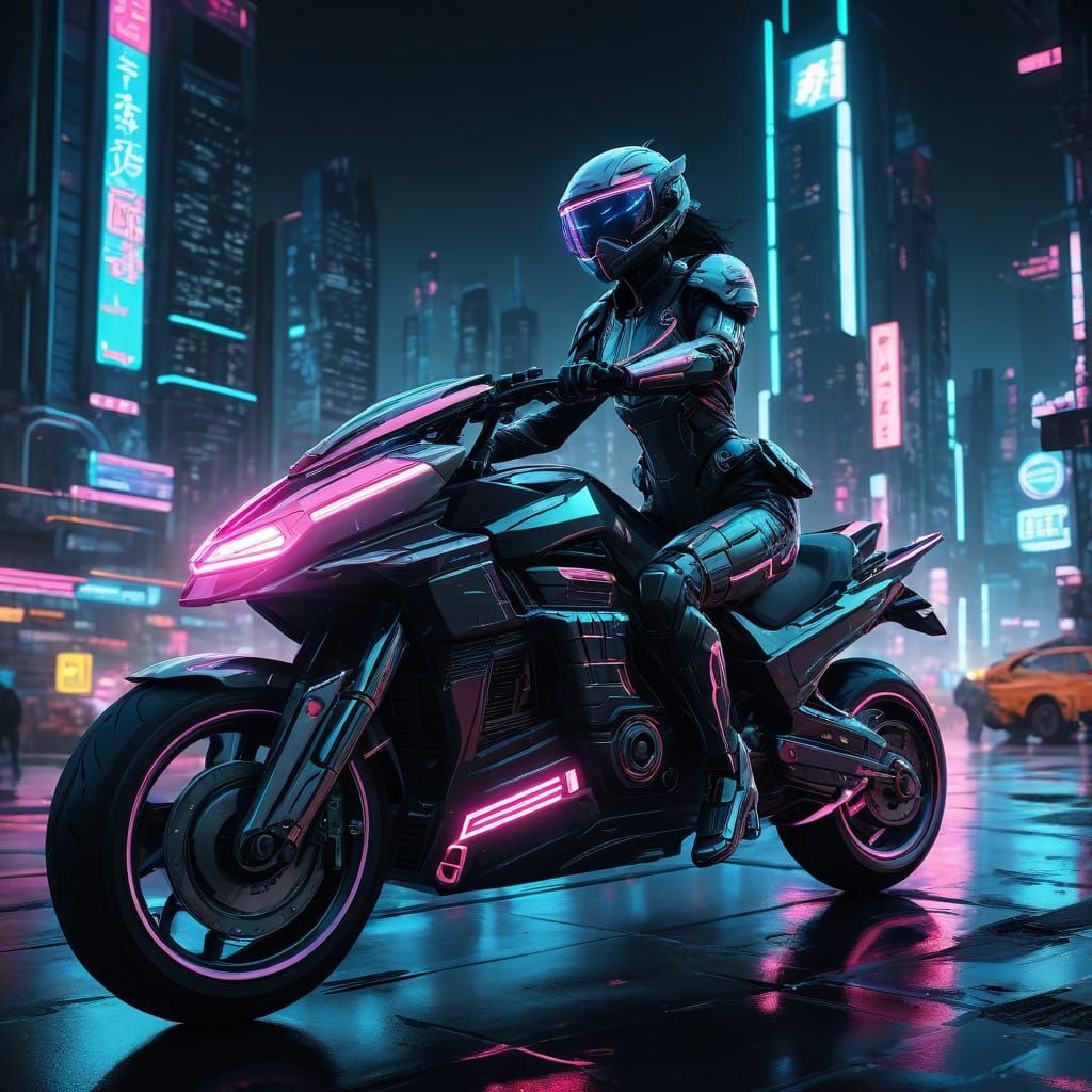 Japanese Cyberpunk Superhero Rides Hoverbike Through Futuris...