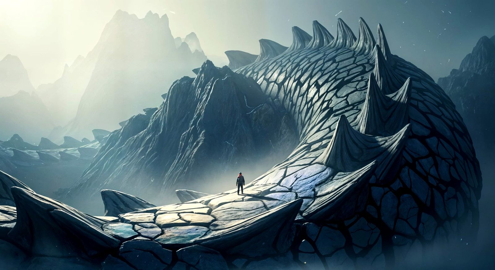 Colossal Serpent Mountain Range in Ethereal Fog