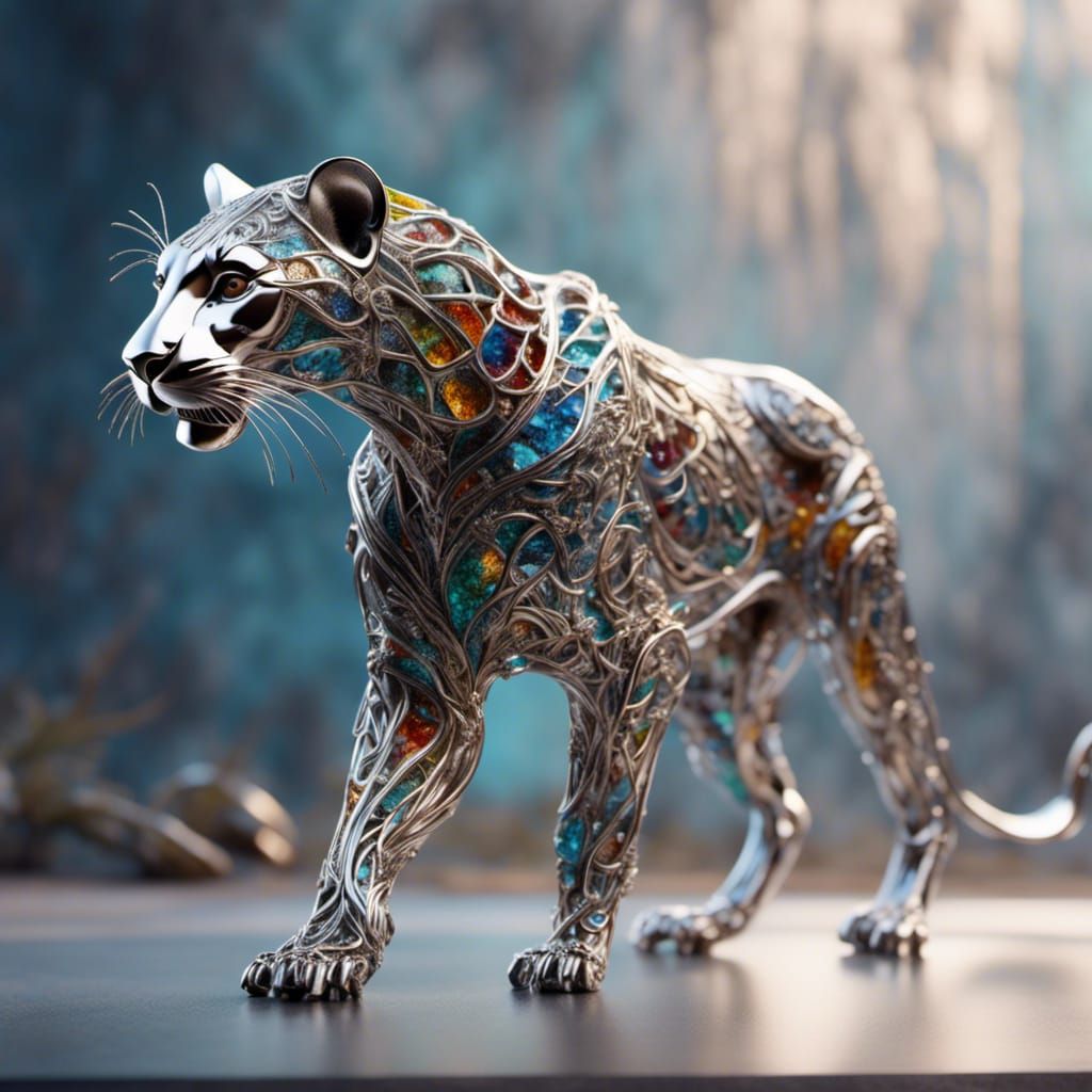 Hyperrealistic Stainless Steel Panther Sculpture