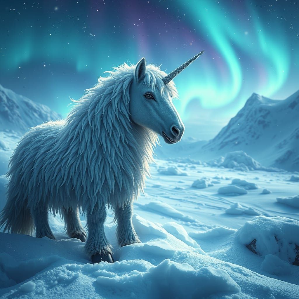 Surreal Arctic Fantasy: Woolly Unicorn in Frosty Realm