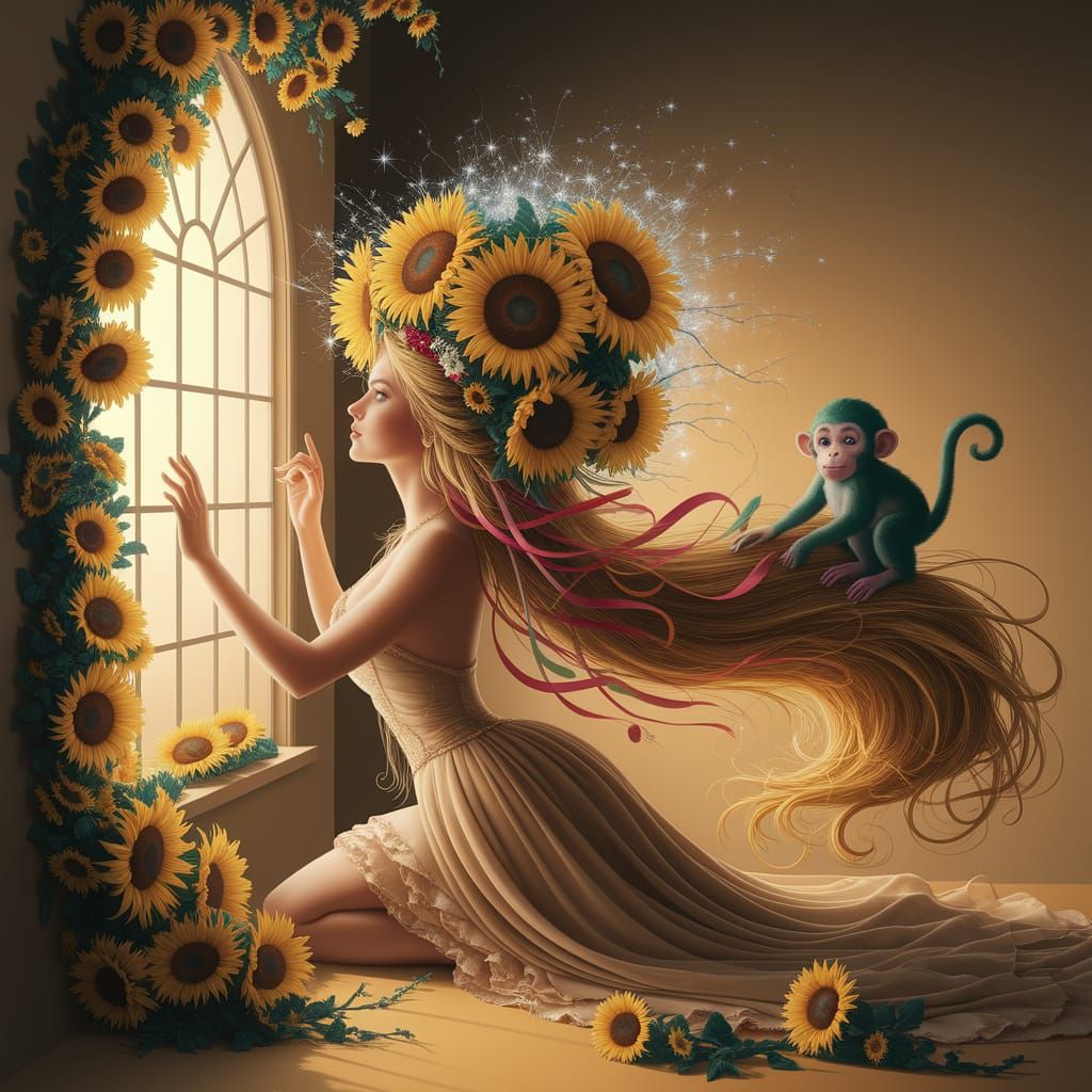 Ethereal Fantasy Portrait: Woman with Sunflower Hair and Mon...
