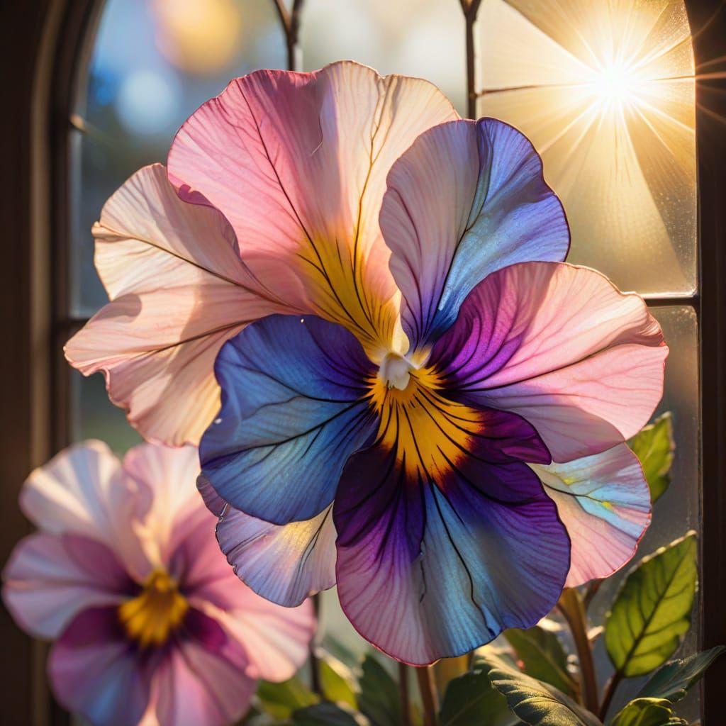Surreal Stained Glass Pansy Window With Heavenly Light