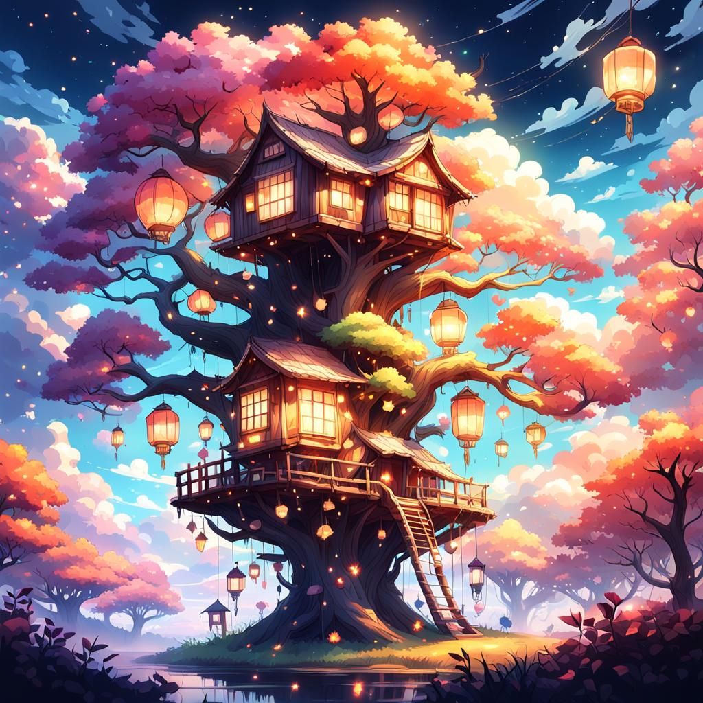 Floating Treehouse in Surreal Anime Style
