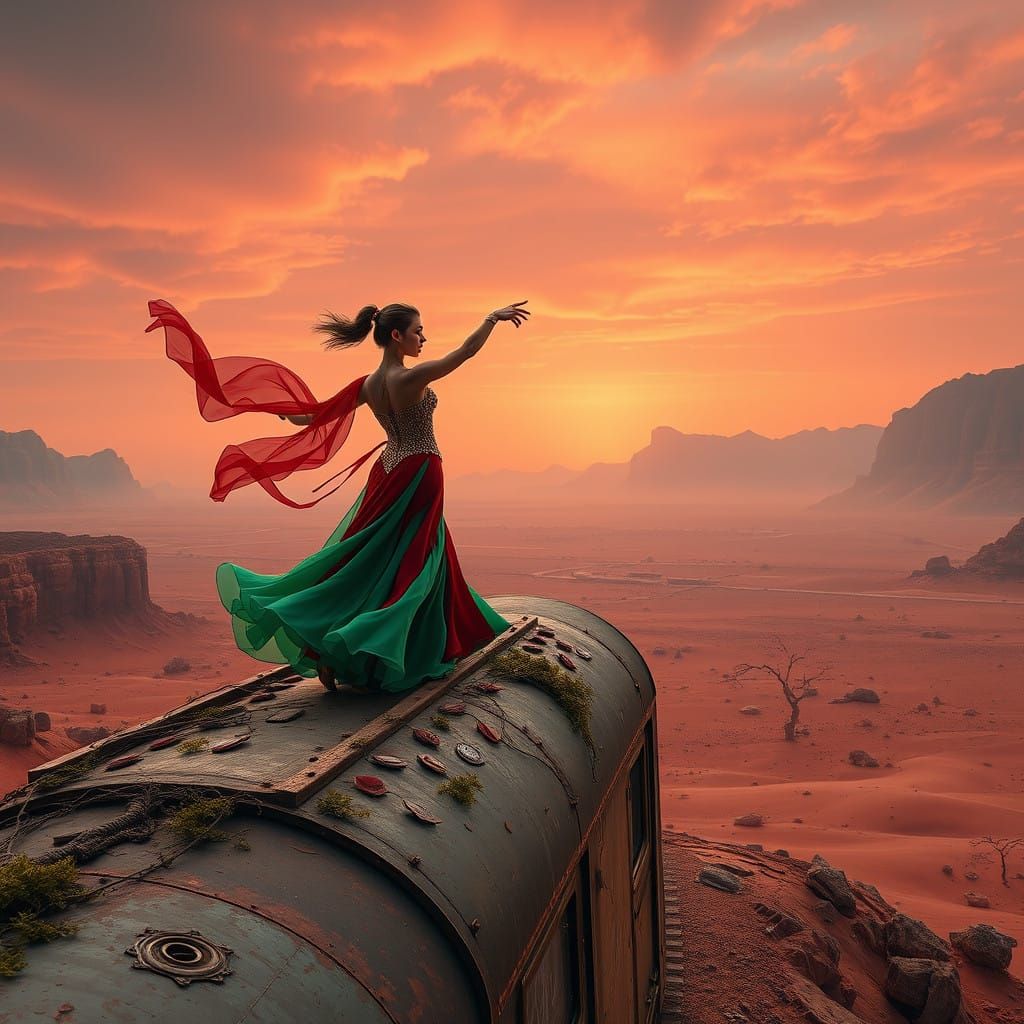 Elegant Women Dance on Abandoned Train on Mars