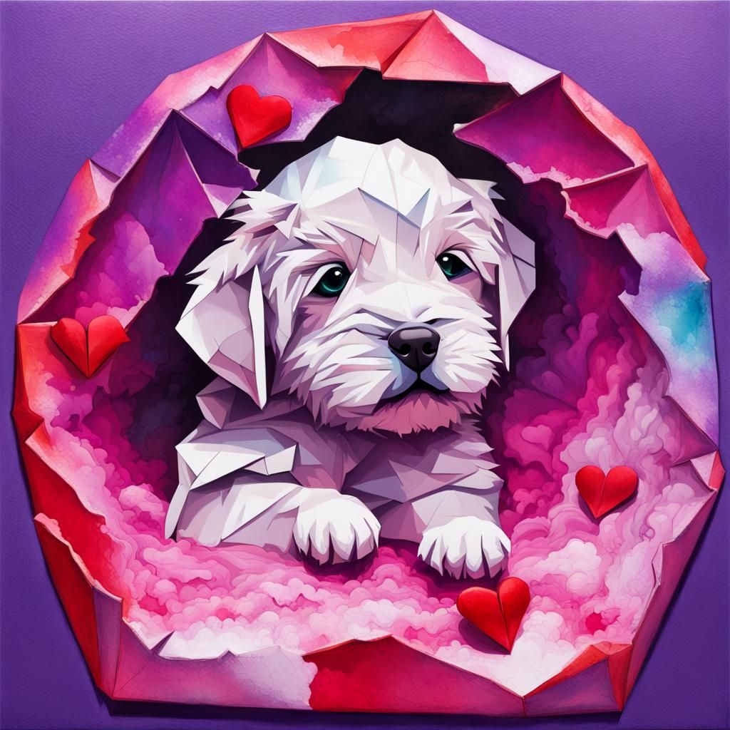 Puppies and Origami in Impasto Valentine's Scene
